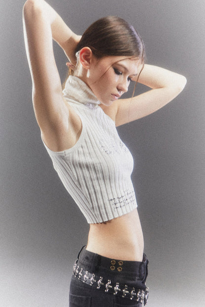 Rhinestone High-Neck Sleeveless Top