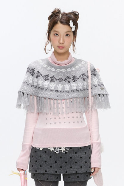 Fair Isle Tassel Knit Cape
