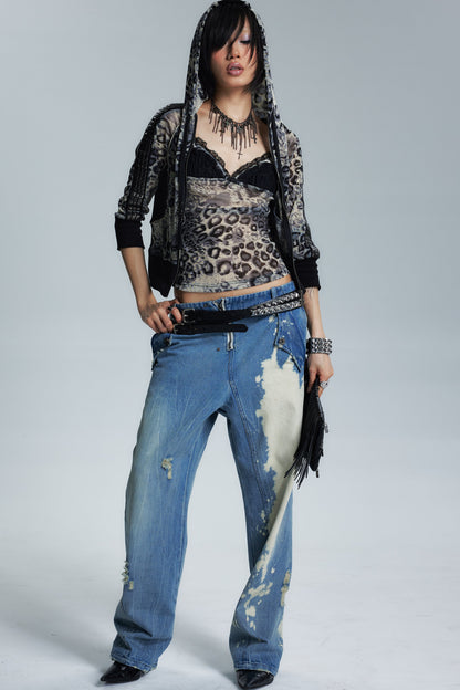 Gold Leopard Rivet Mesh Mid-Sleeve Top