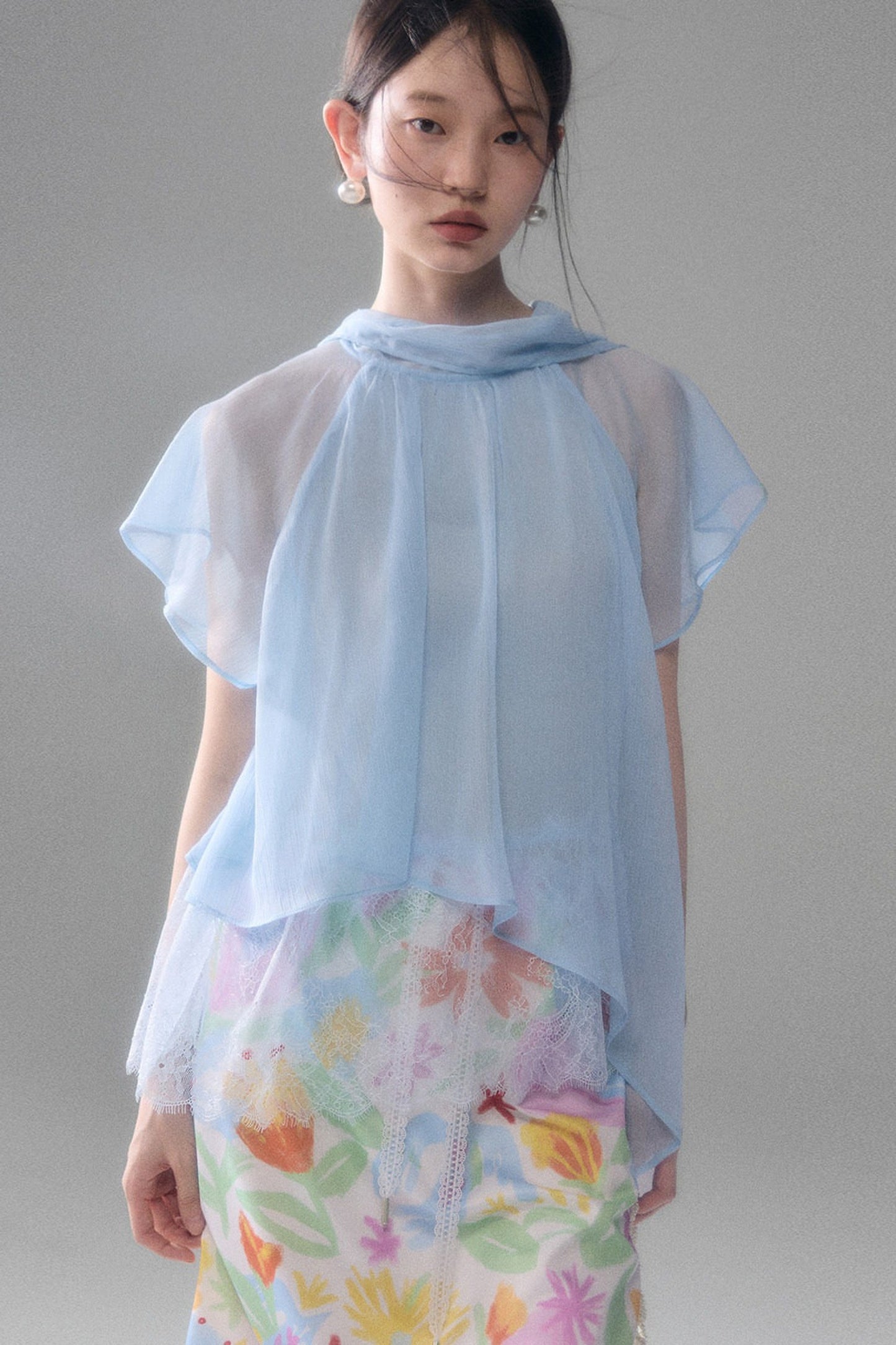 Sheer Blue Lace Ribbon Short Sleeve Top