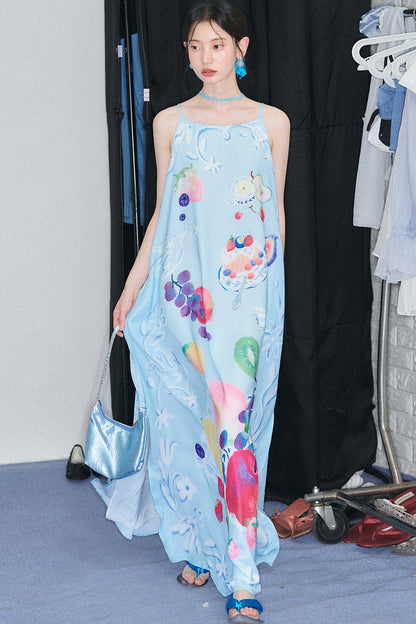 Hand-Painted Fruit Print Slip Dress