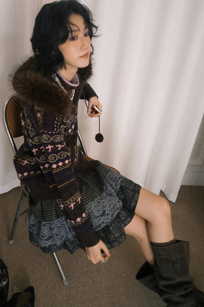 Detachable Fur Collar Fair Isle Hooded Cardigan
