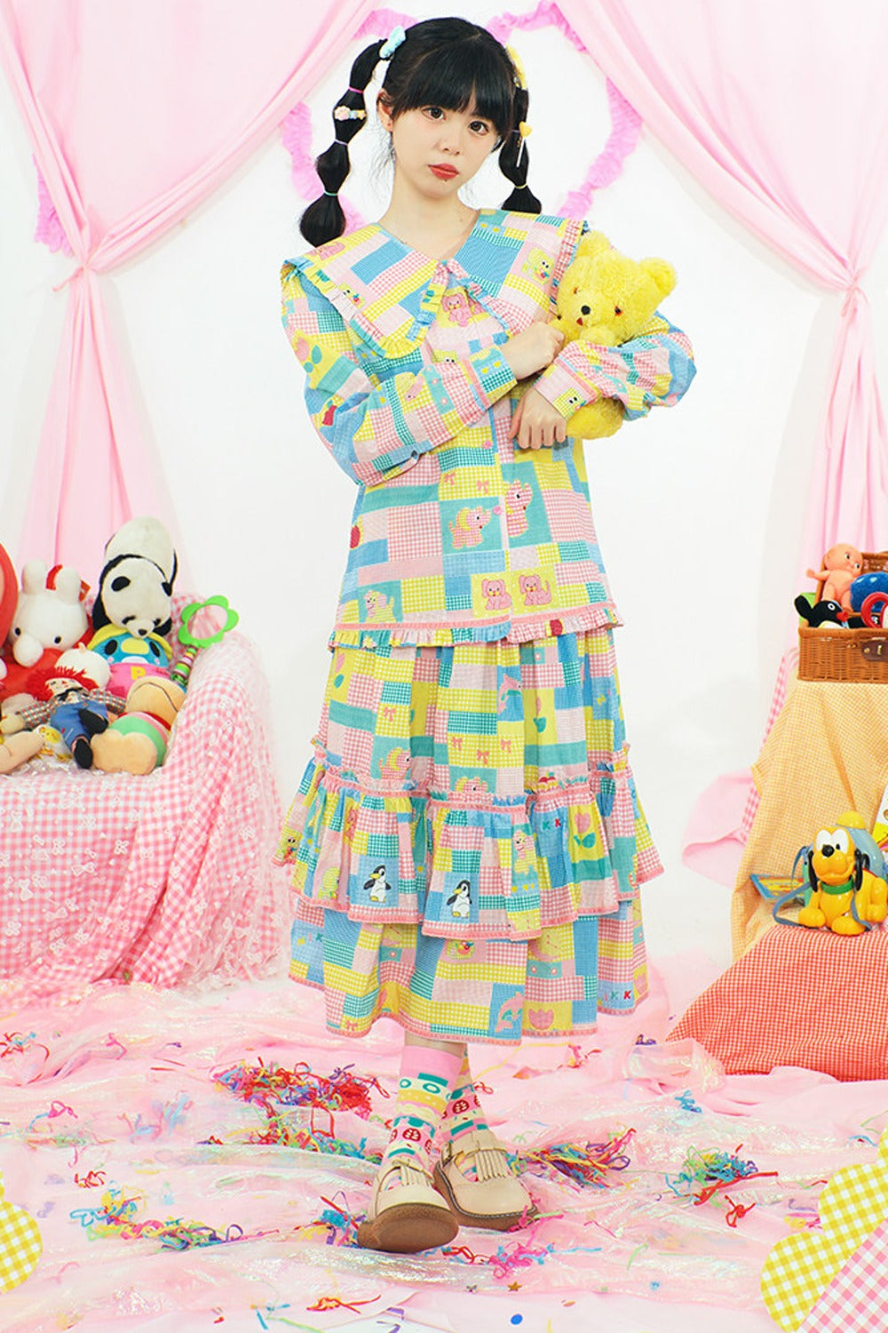 Patchwork Print Doll Collar Shirt