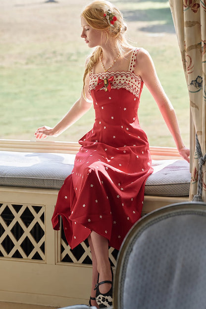 Berry Embroidered Strap Dress and Cardigan Set-Up