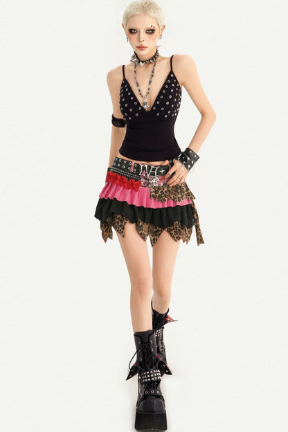 Y2K Leopard Patchwork Ruffle Skirt