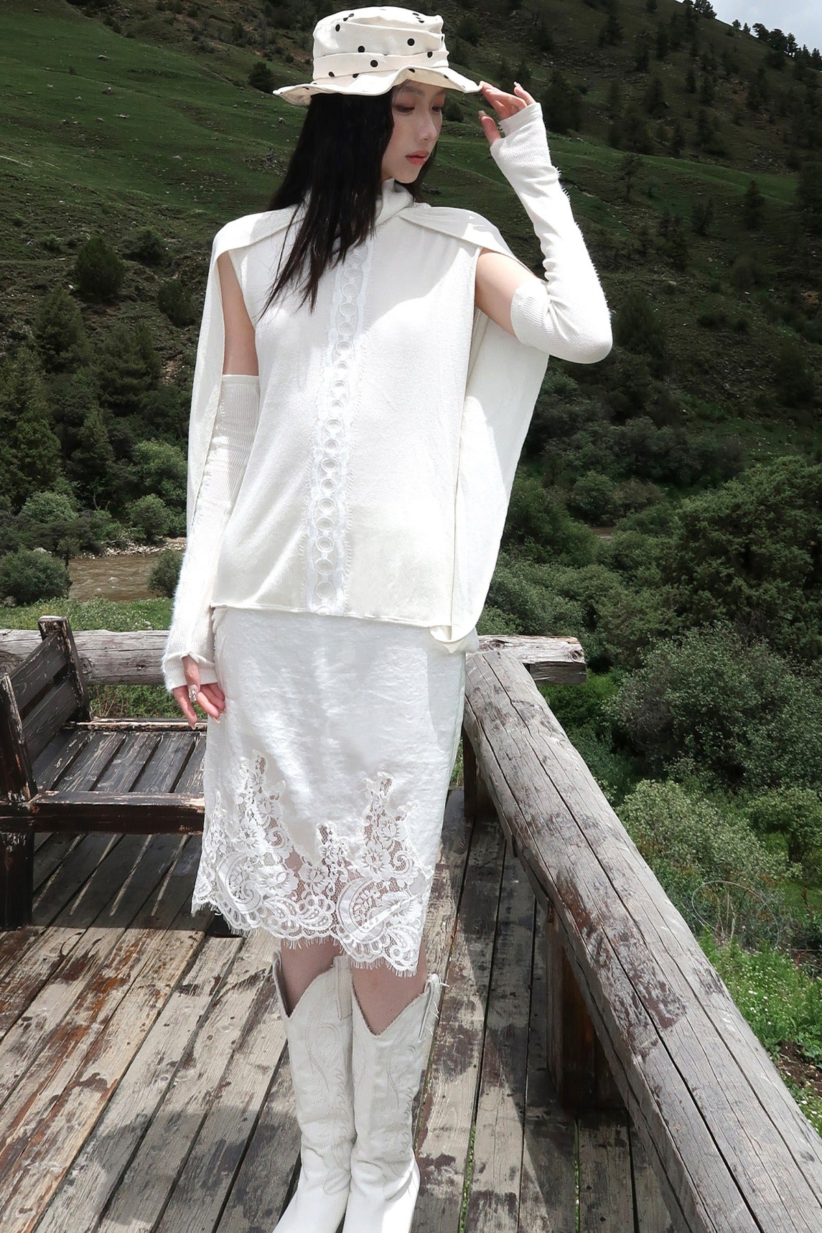 Lace Patchwork Cape Knit Top