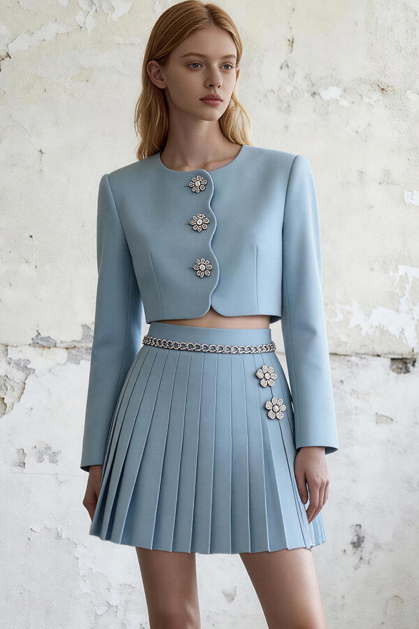 Blue Pleated Skirt And Jacket Set