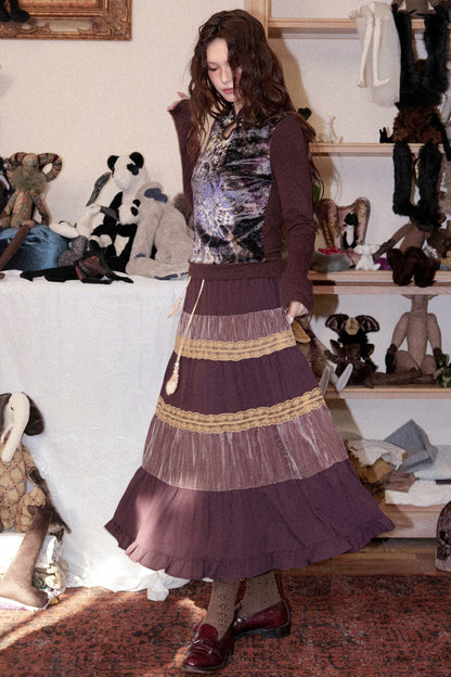 Crinkled Velvet Floral A-Line Skirt