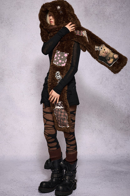 Brown Patchwork Lop-Eared Rabbit Hooded Scarf