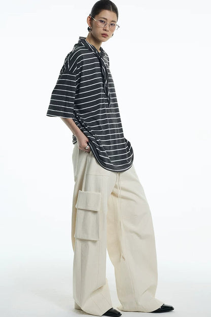 Oversize Gray White Striped Mid-Sleeve Tee