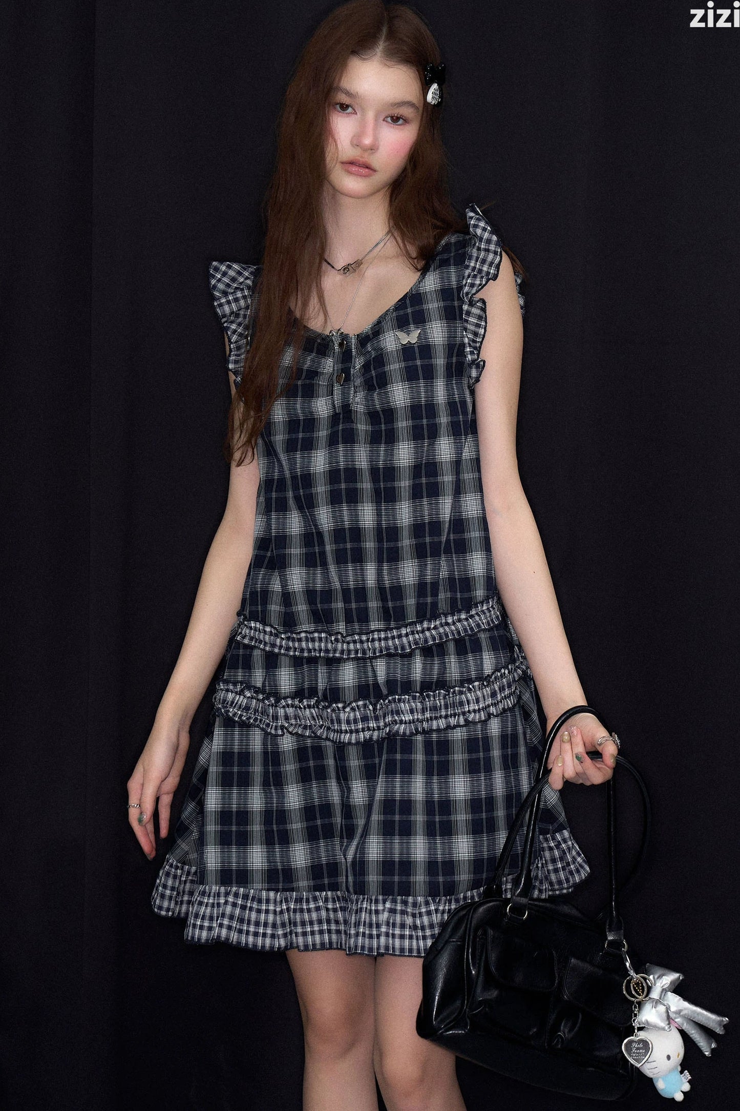 Dark Blue Plaid Flutter-Sleeve Dress