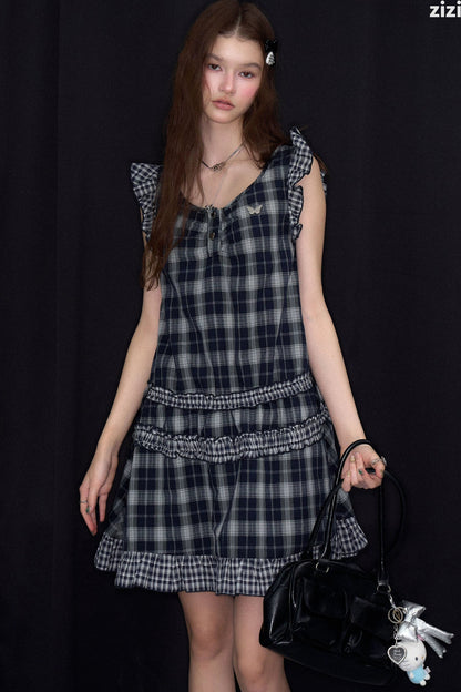 Dark Blue Plaid Flutter-Sleeve Dress
