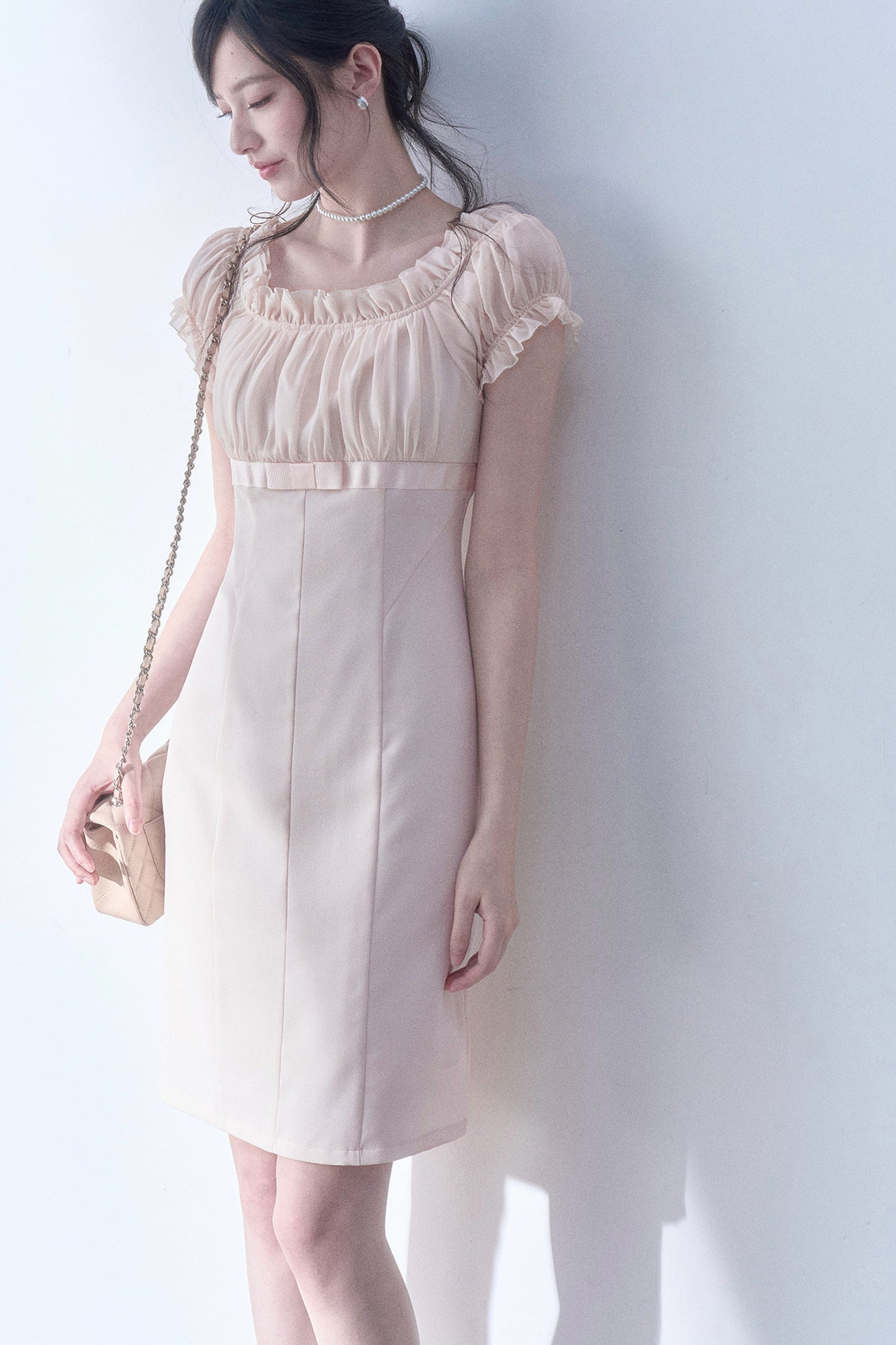Square Neck High-Waisted Bodycon Chiffon Dress