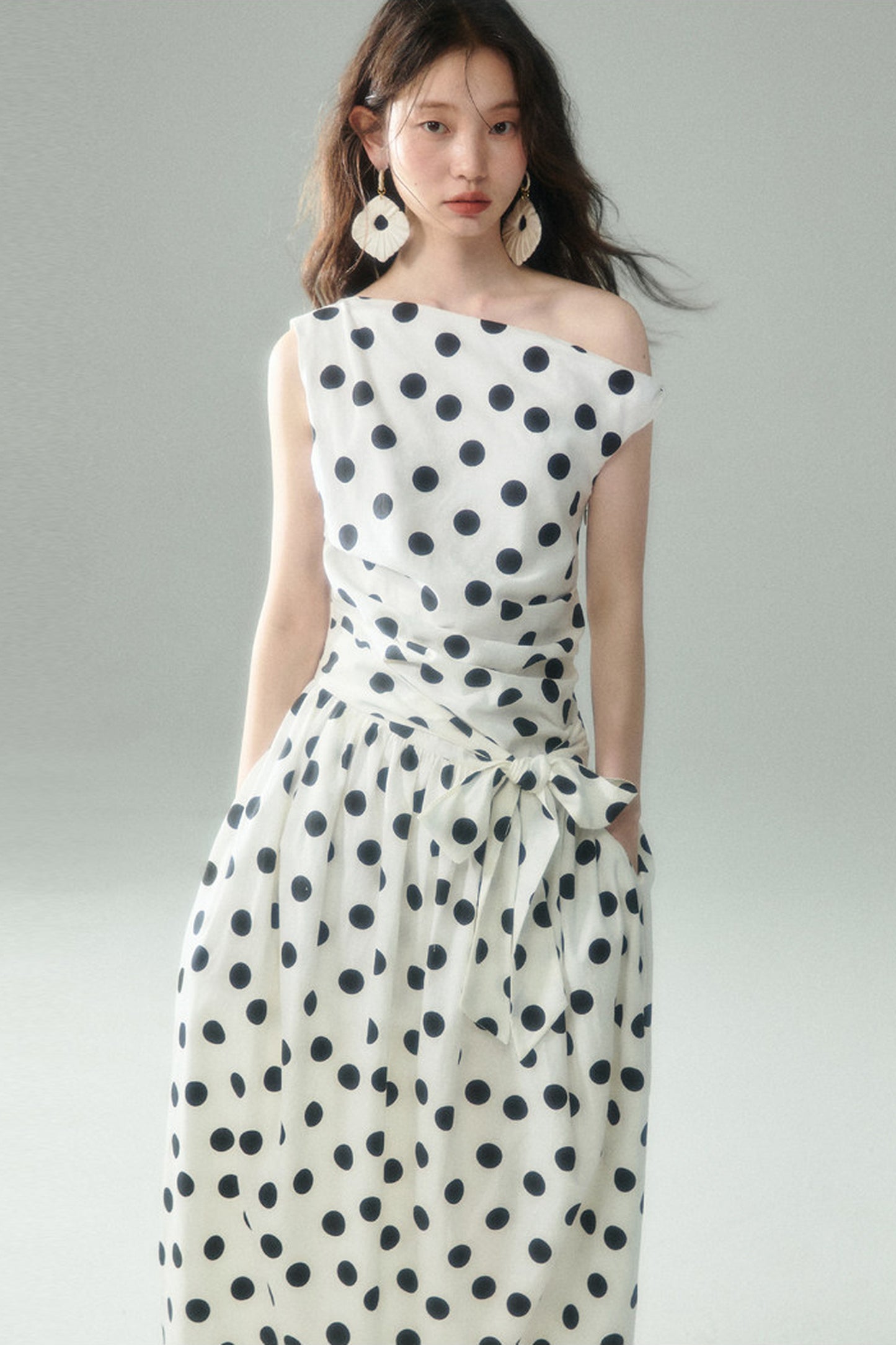 Off-Shoulder Polka Dot Twist Tie Dress