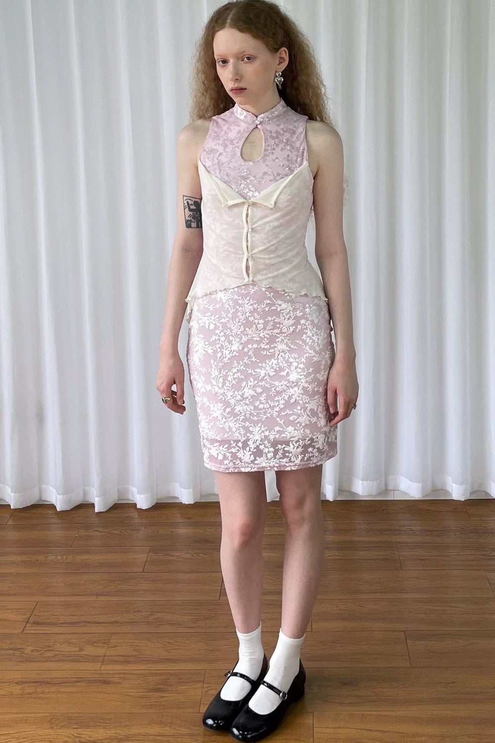 Abito Cheongsam rosa vintage in pizzo