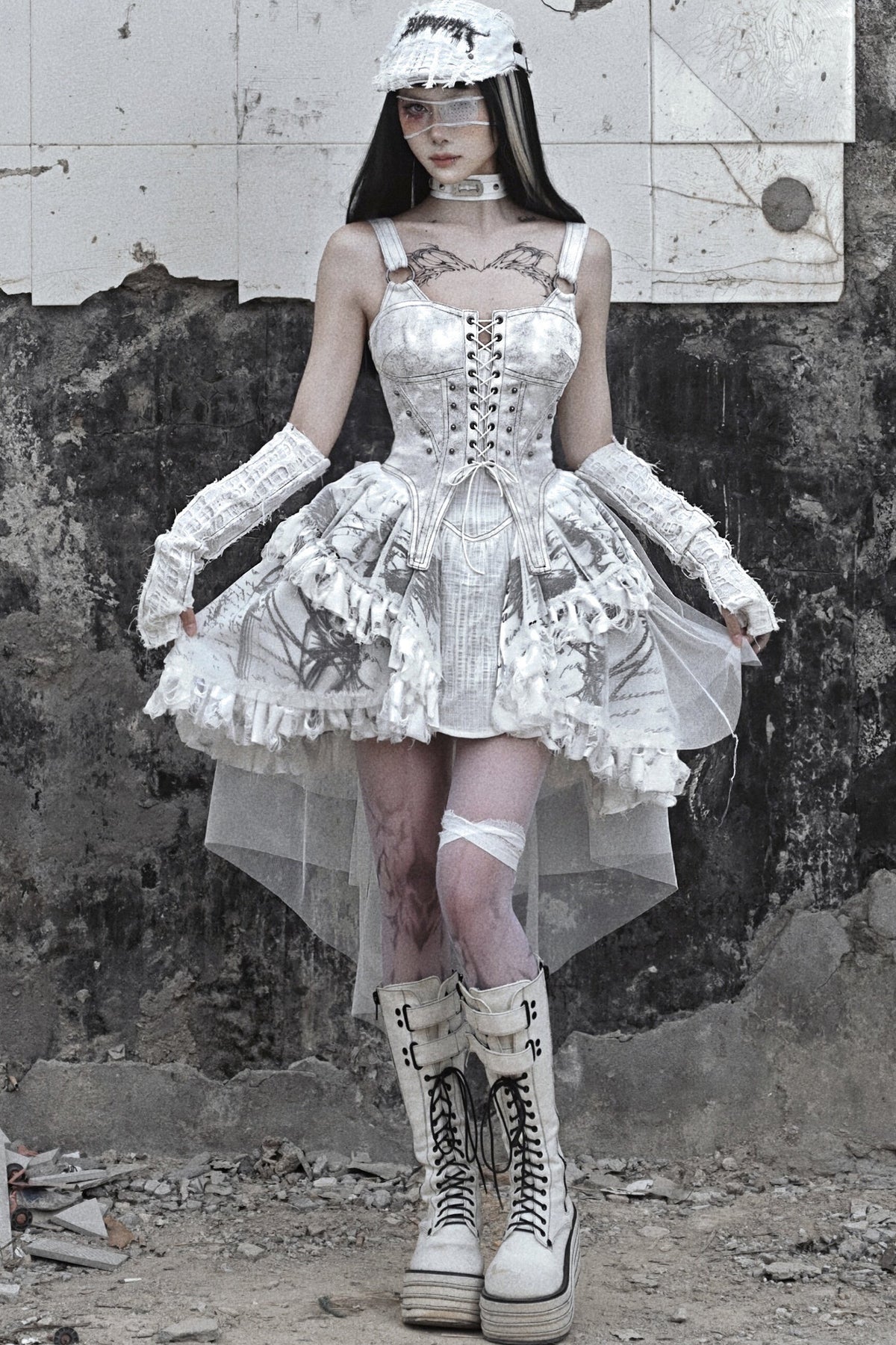 Distressed Suede Trailing Tie-Up Suspender Dress