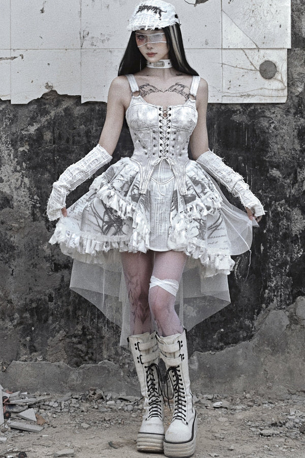 Distressed Suede Trailing Tie-Up Suspender Dress