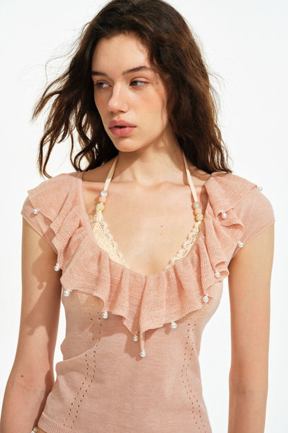Retro Ruffle V-Neck Linen Knit Top set-Up