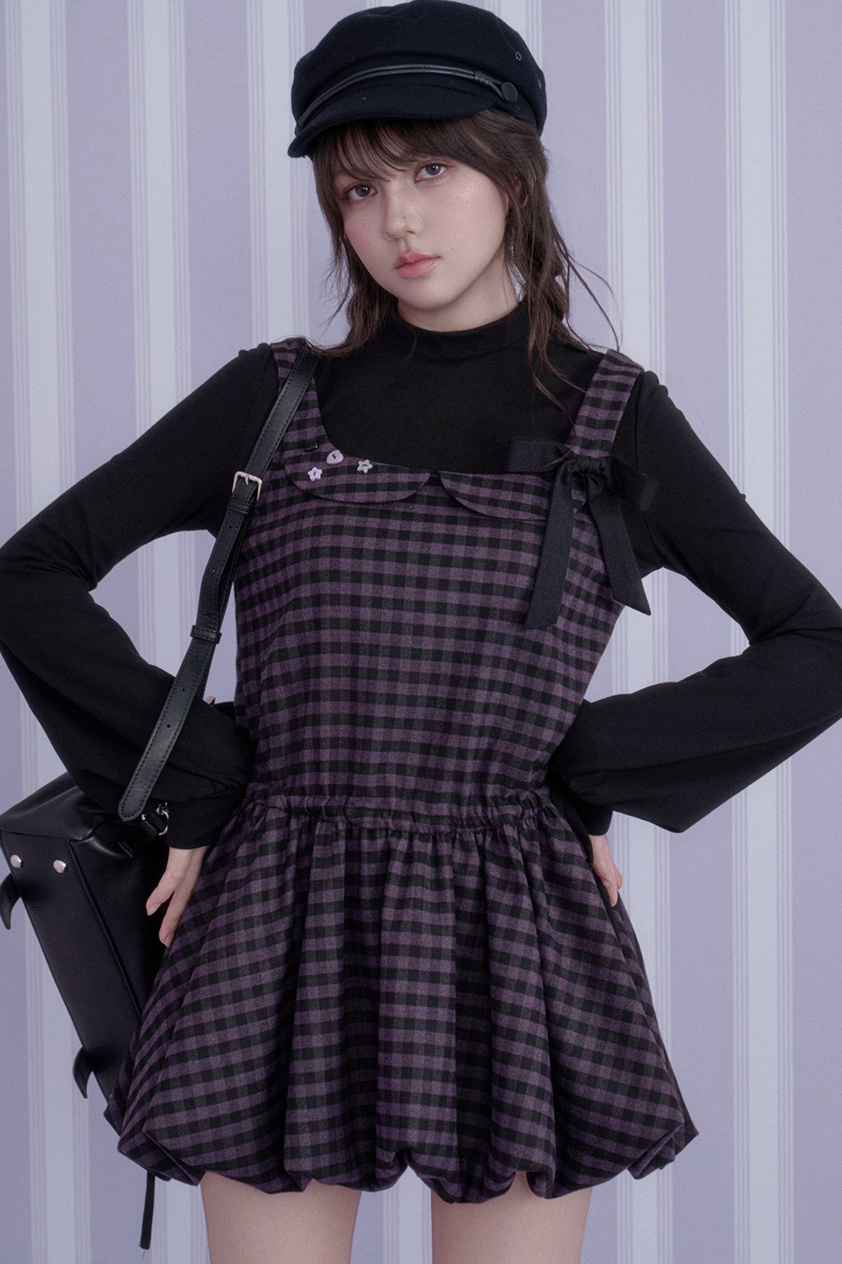 Retro Plaid Long Sleeve Flower Bud Dress