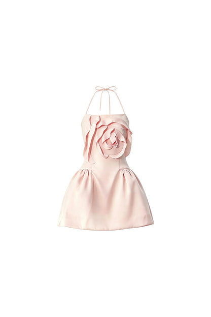 Pink Satin 3D Rose Halter Dress