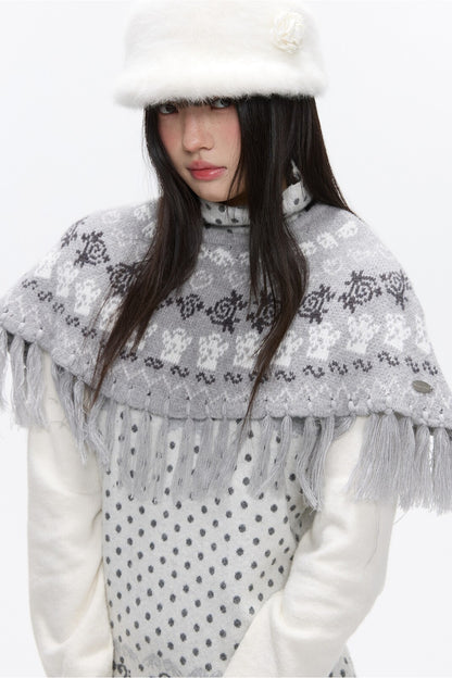 Fair Isle Tassel Knit Cape