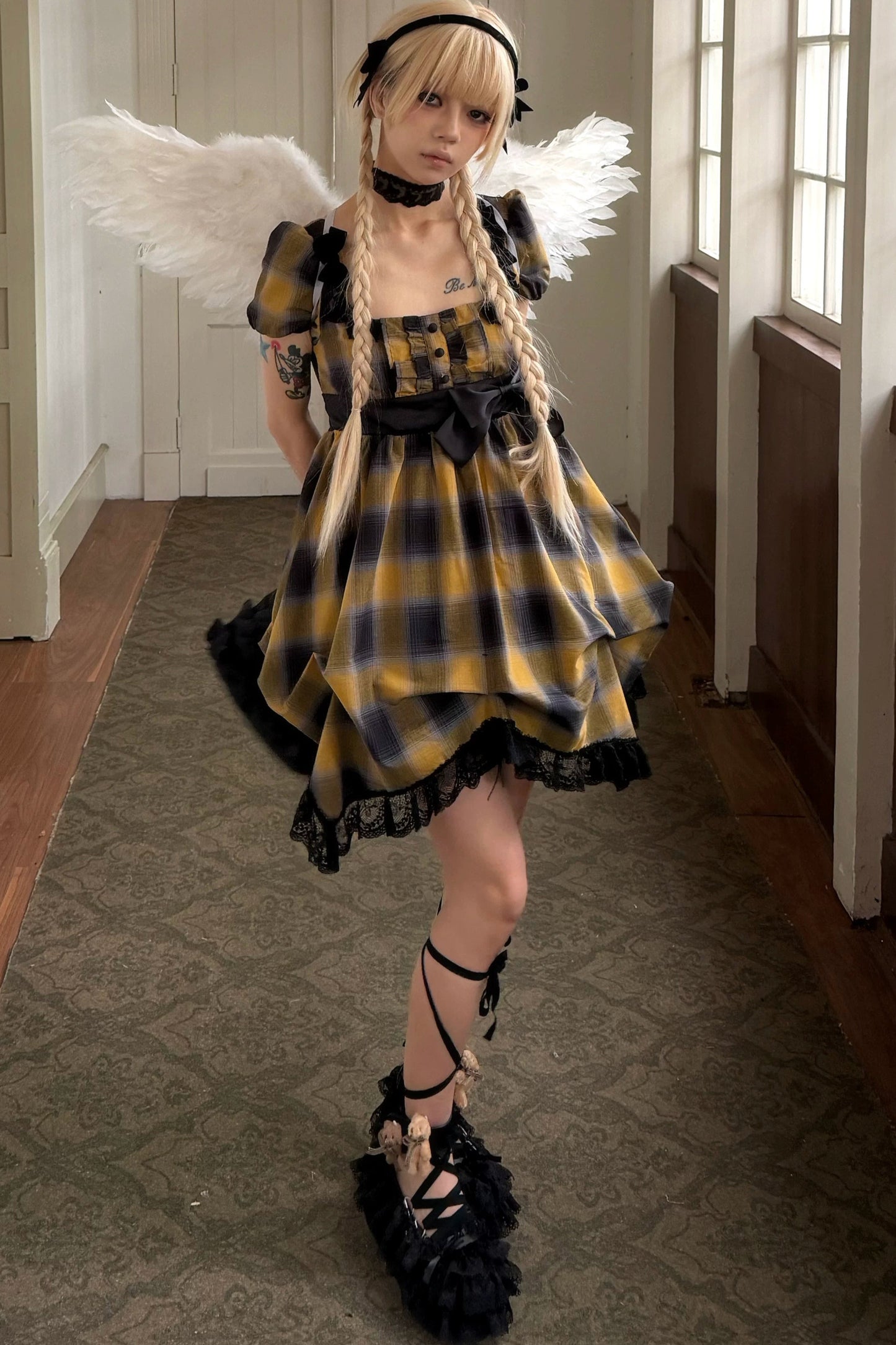 Yellow Plaid Puff Sleeve Dress Set-Up