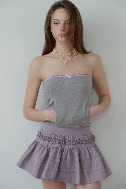 Gray Pink Plaid Bow Tube Top