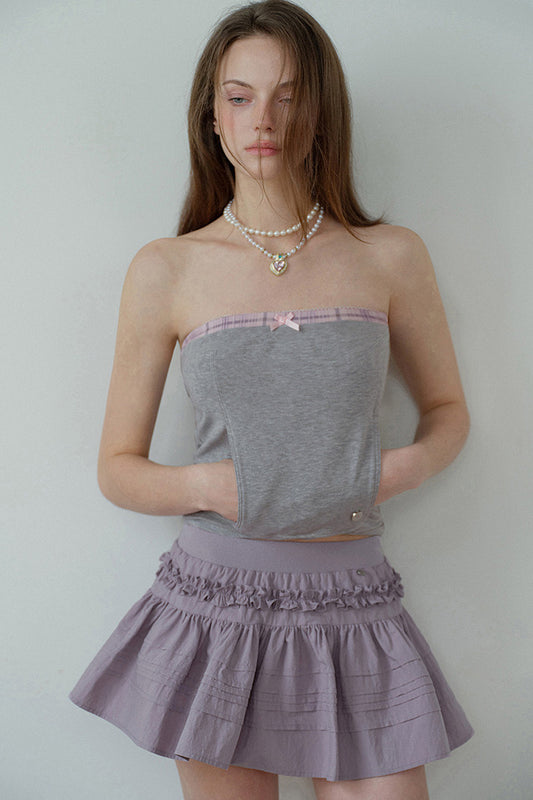 Gray Pink Plaid Bow Tube Top