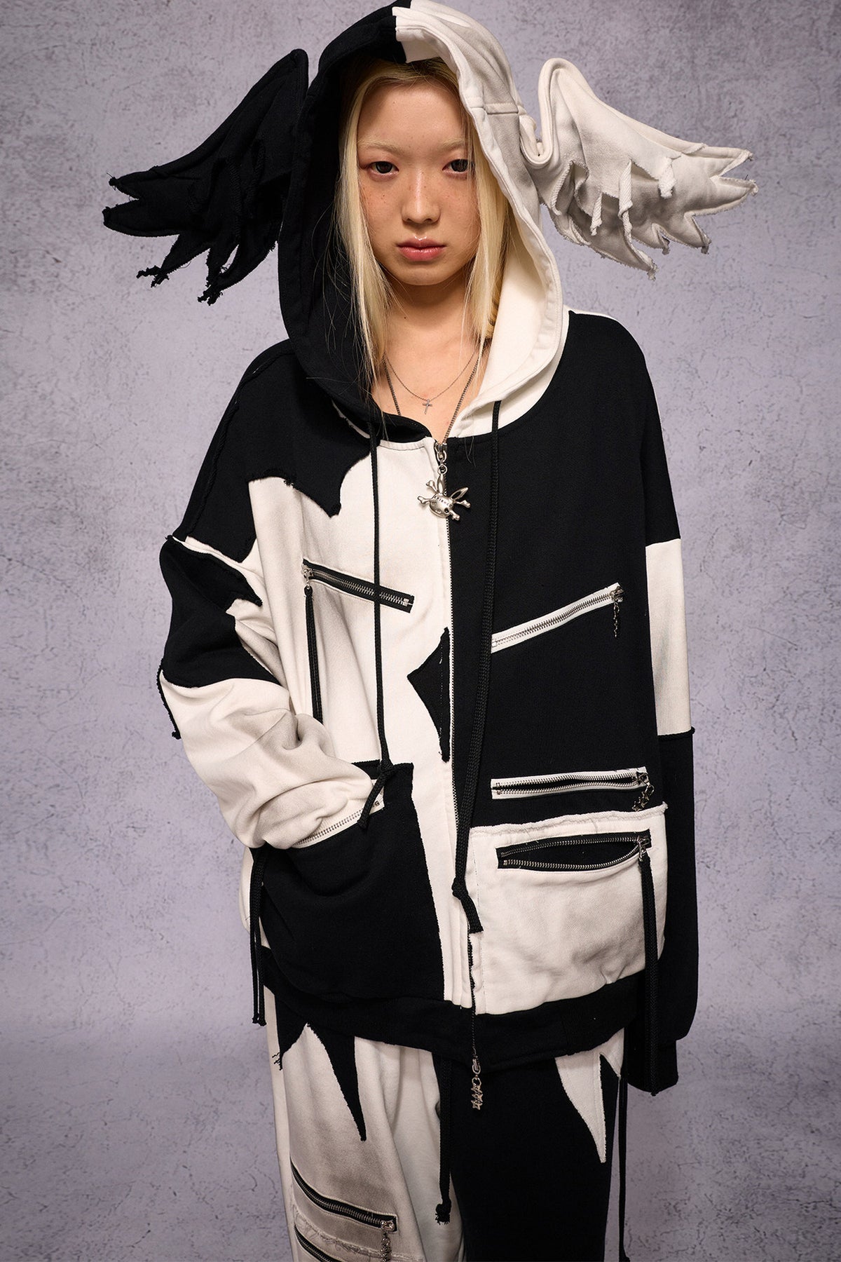 Distressed Black White Angel Zipper Hoodie