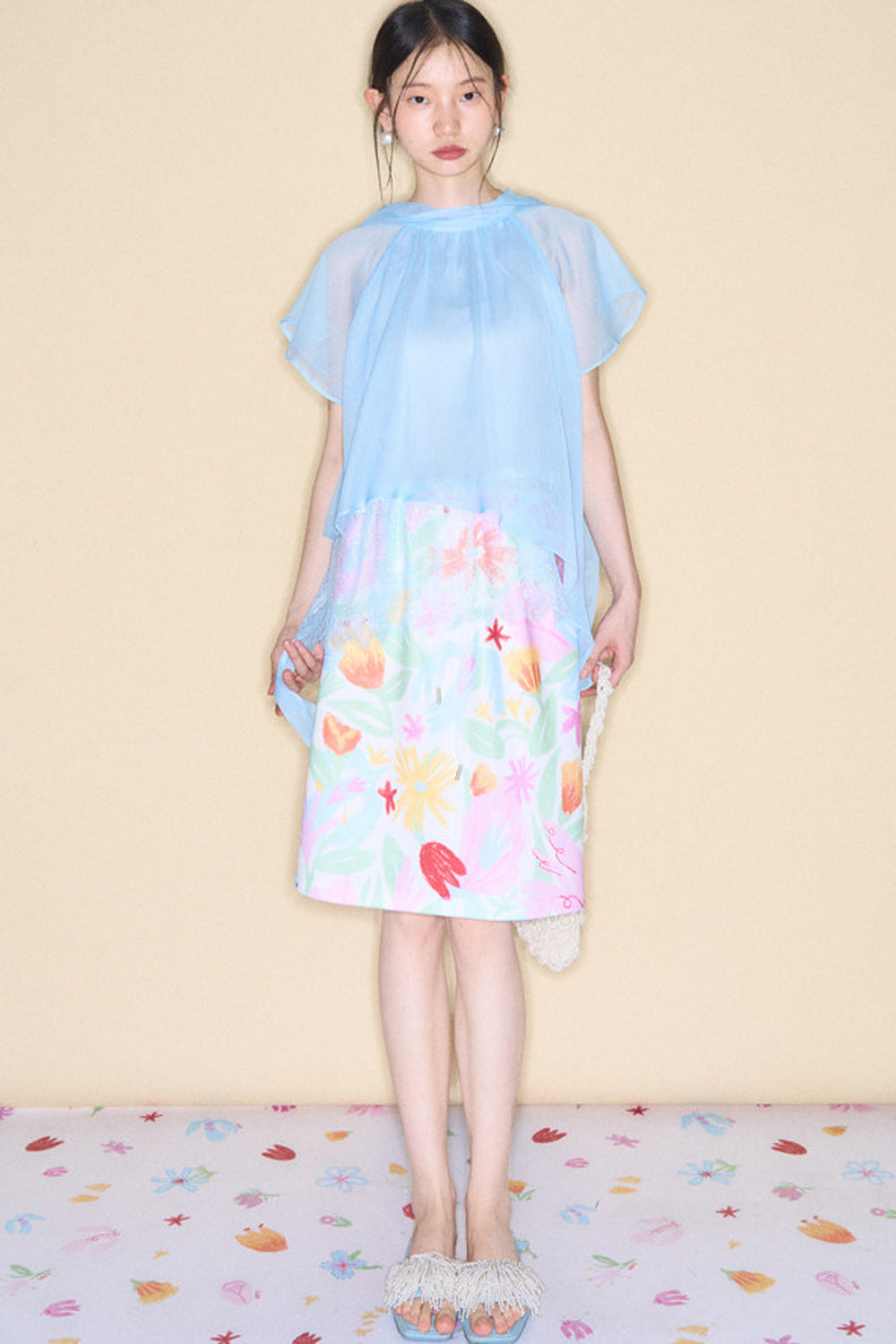 Sheer Blue Lace Ribbon Short Sleeve Top