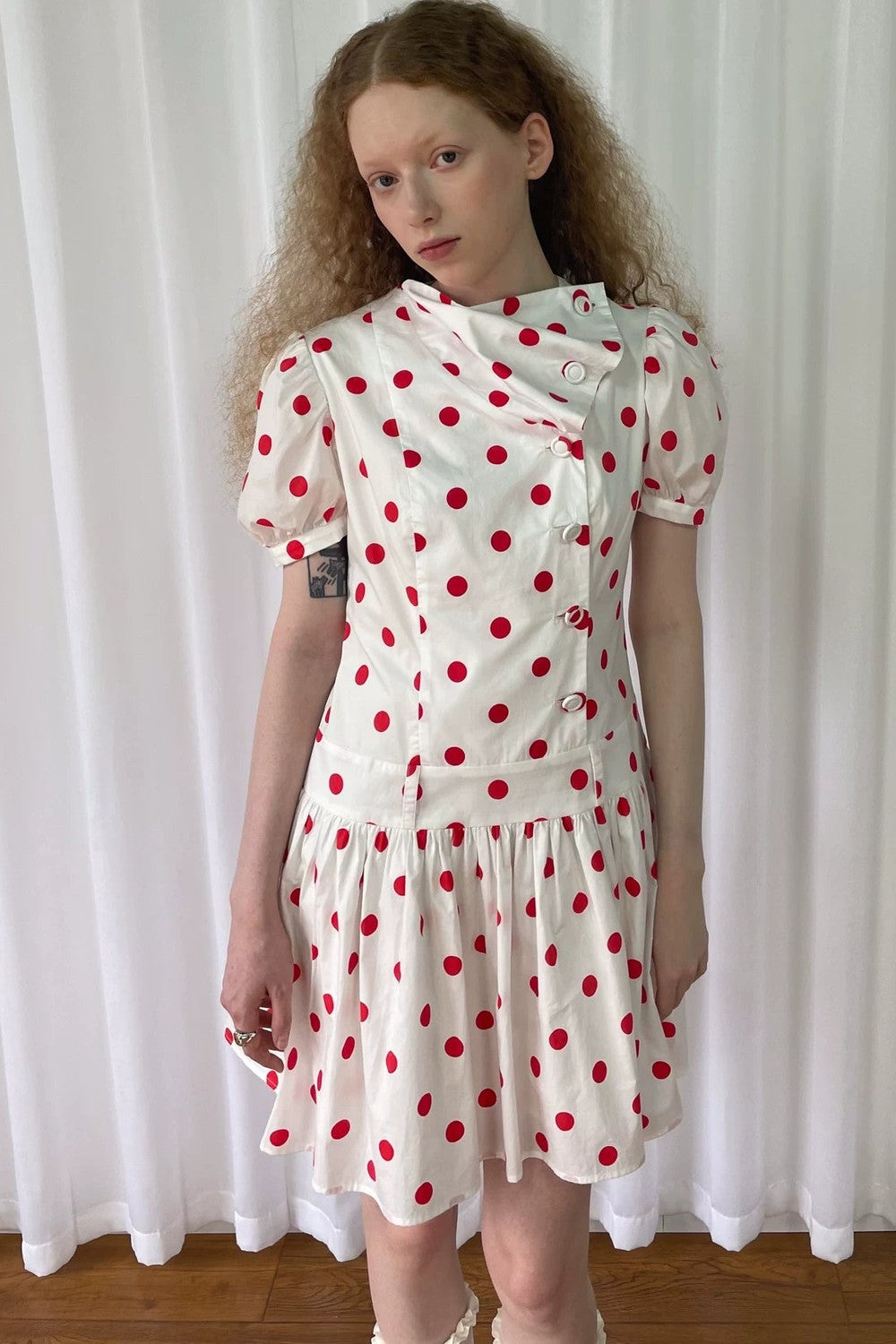 Red Retro Polka Dot Bubble Sleeve Dress