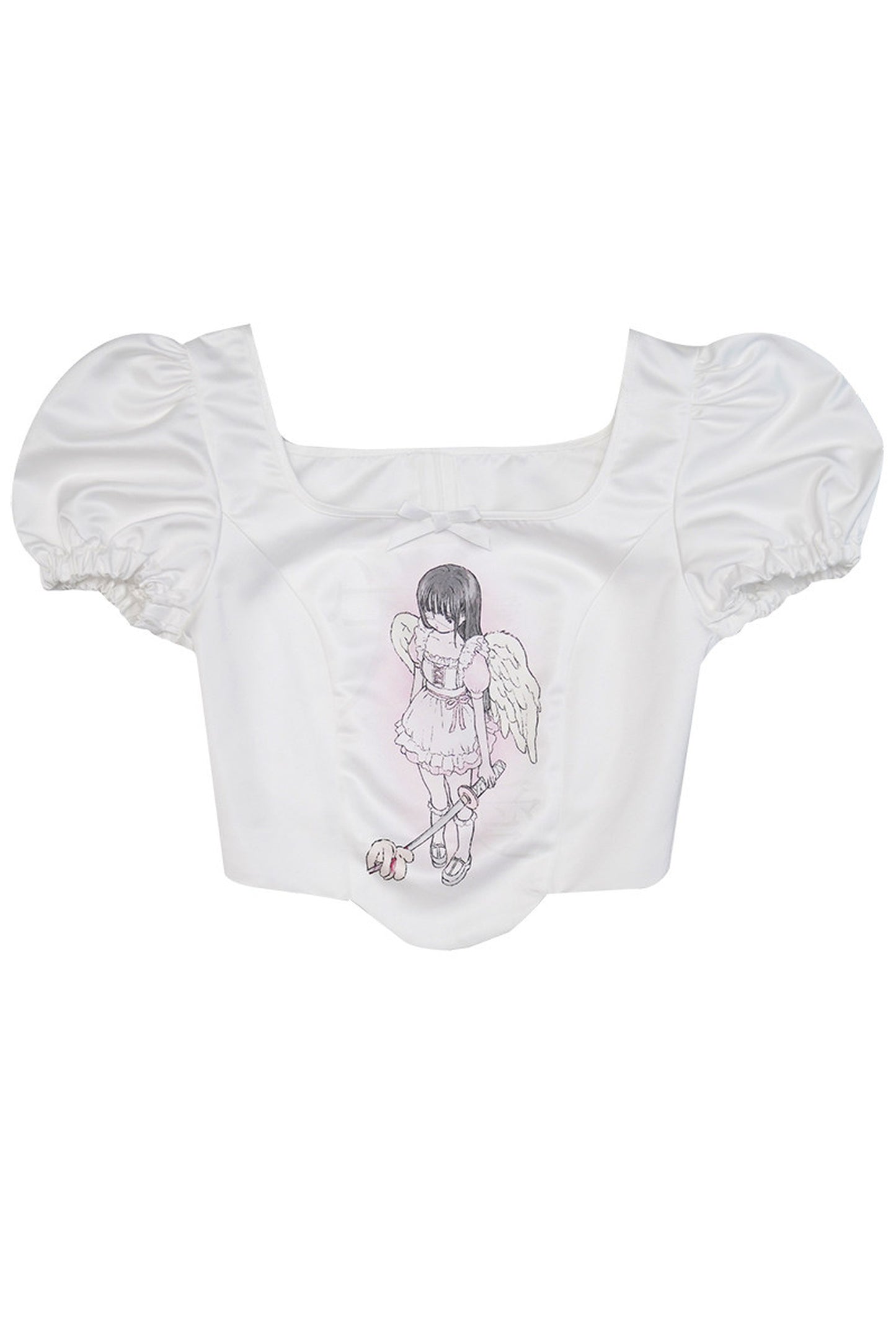 Blusa con stampa angeli e maniche a sbuffo