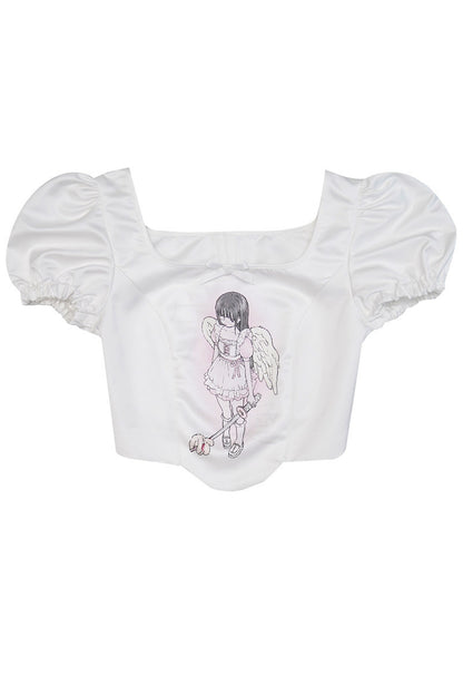 Blusa con stampa angeli e maniche a sbuffo
