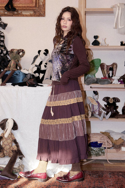 Crinkled Velvet Floral A-Line Skirt