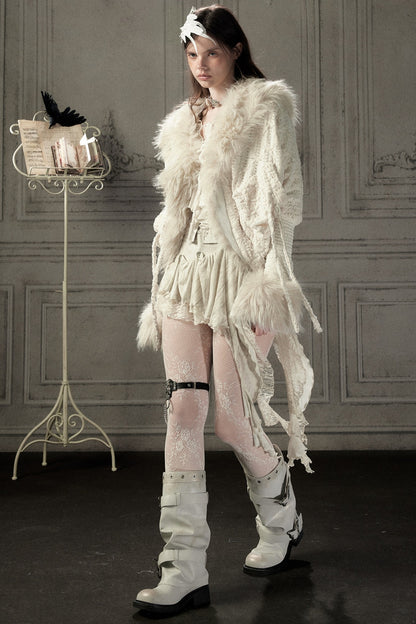 Beige Fur Collar Batwing Knit Jacket