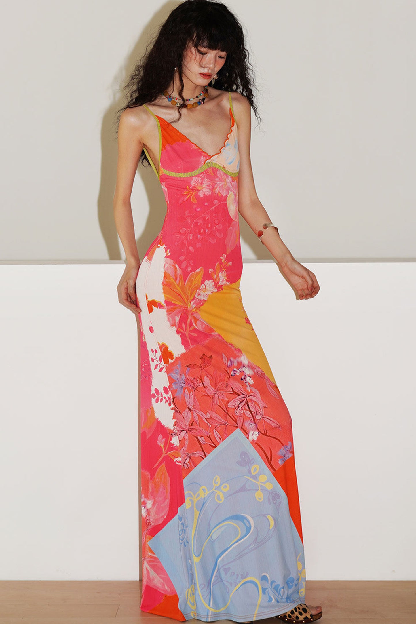 Chinese Print Lace Slip Dress