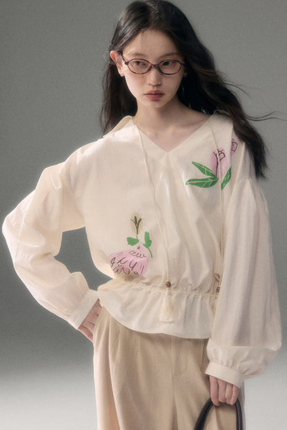 Bird And Rose Print Tencel Cotton Top