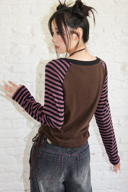 Striped Spliced Raglan Cat Print Top
