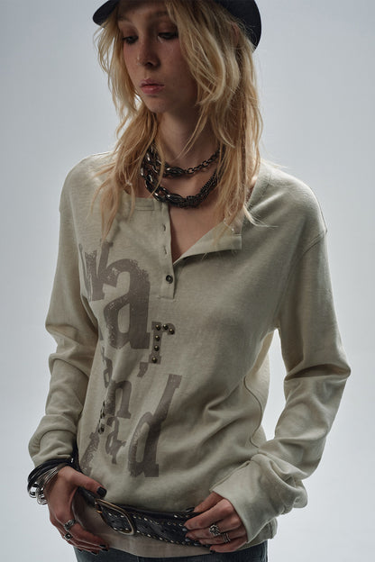 Half-Placket Printed Rhinestone Ruched Sleeve T-Shirt