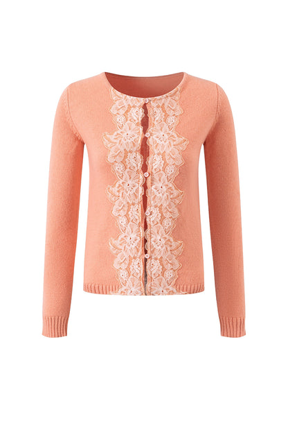 Lace Trim Wool Knit Cardigan and Chiffon Skirt