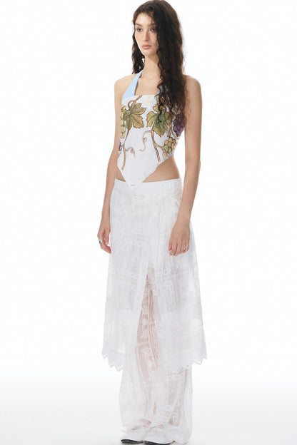 White Jacquard Lace Trim Long Pants