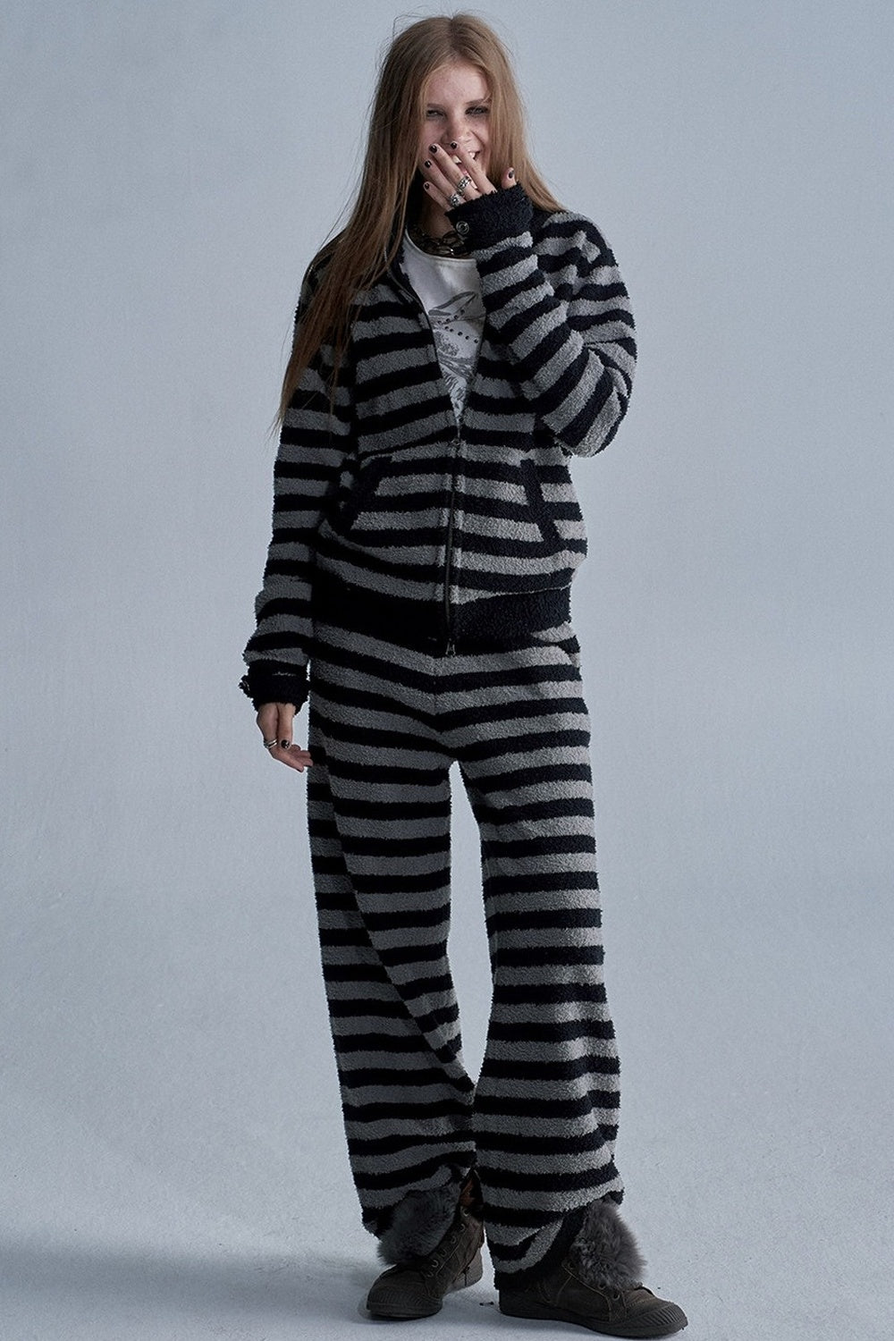 Striped Zip Cardigan and Pants Set