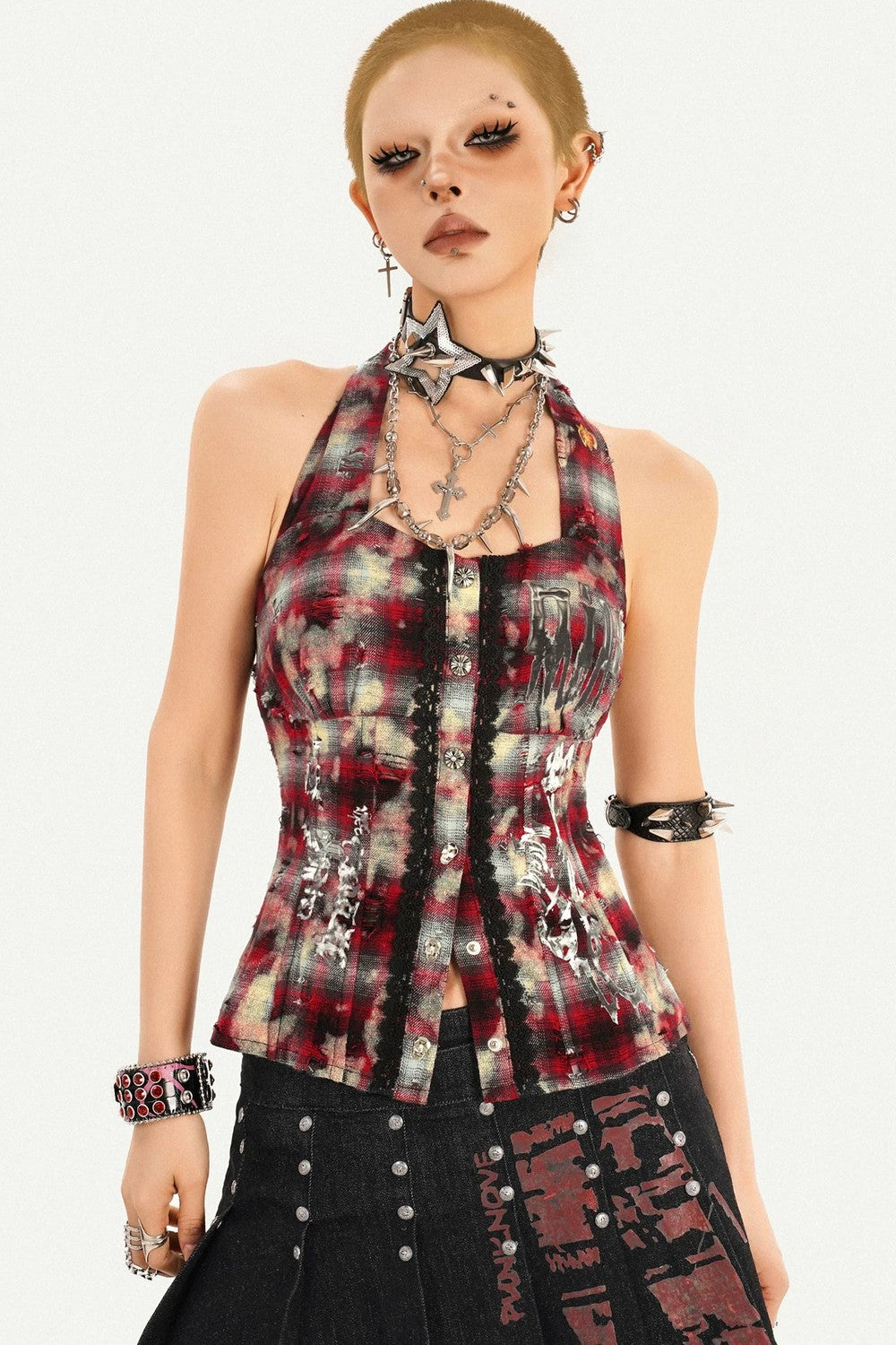 Studded Halter Plaid Camisole