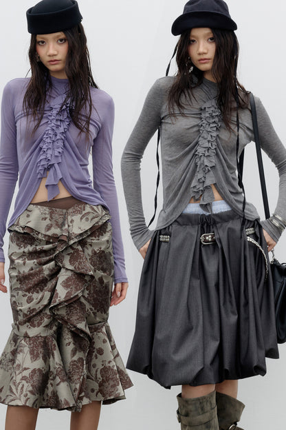 Pleated Ruffle Tassel Lace Long-Sleeved T-Shirt