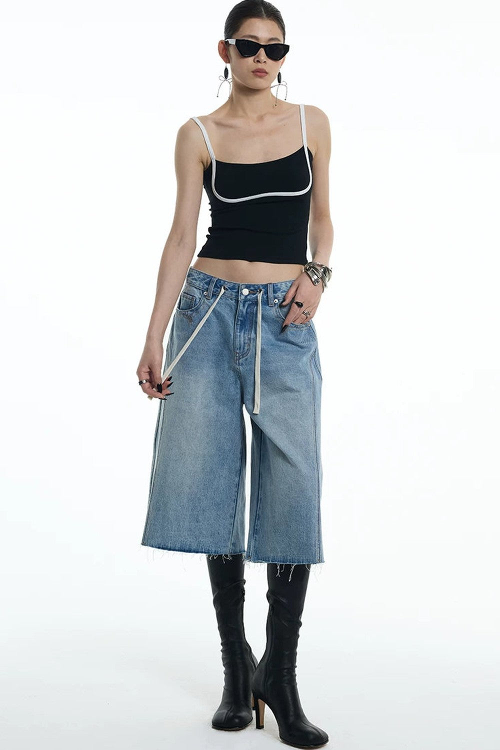 Embroidered Denim Mid-Length Pants