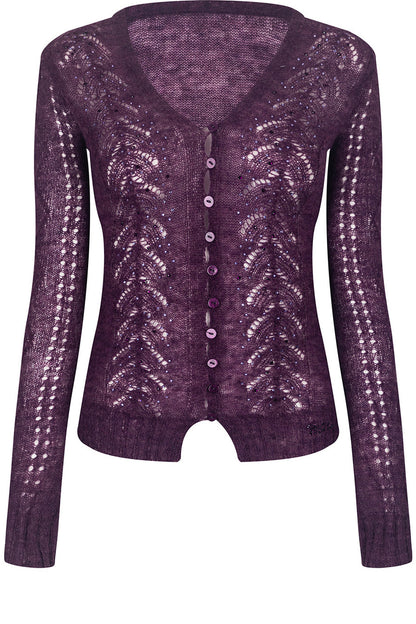 Rhinestone Hollow-Out Knit Cardigan Top