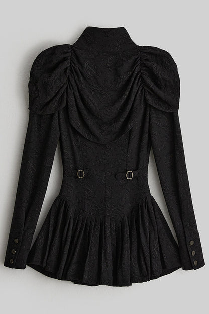 Jacquard Pleated Skirt-Style Hem Long-Sleeve Shirt