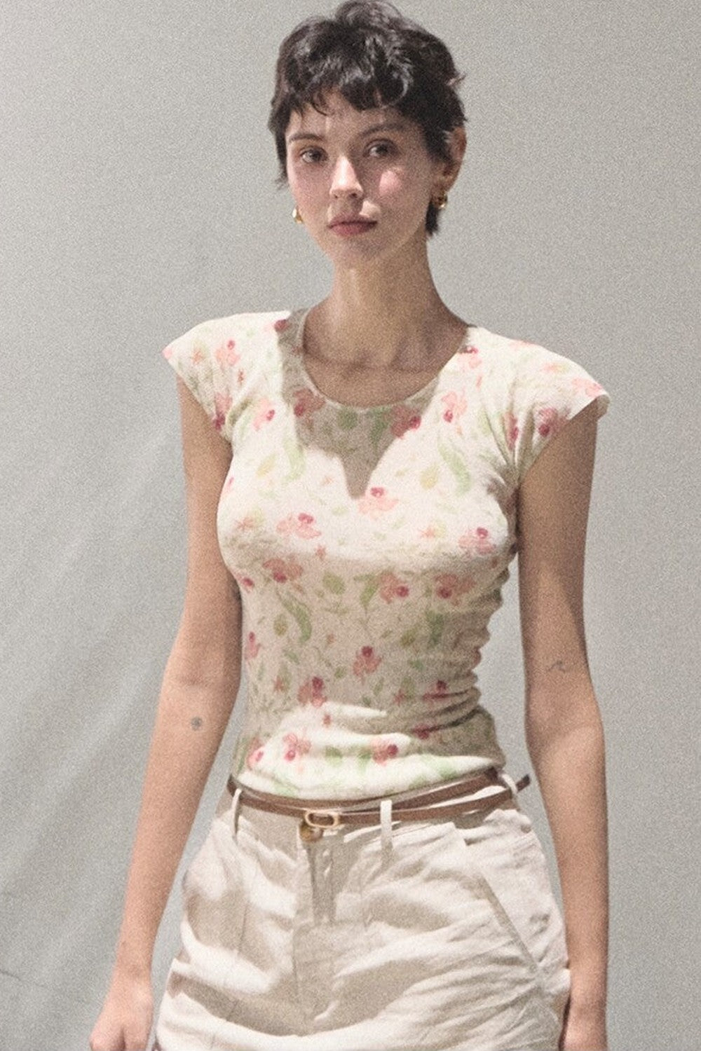 Linen Floral Cinched Top