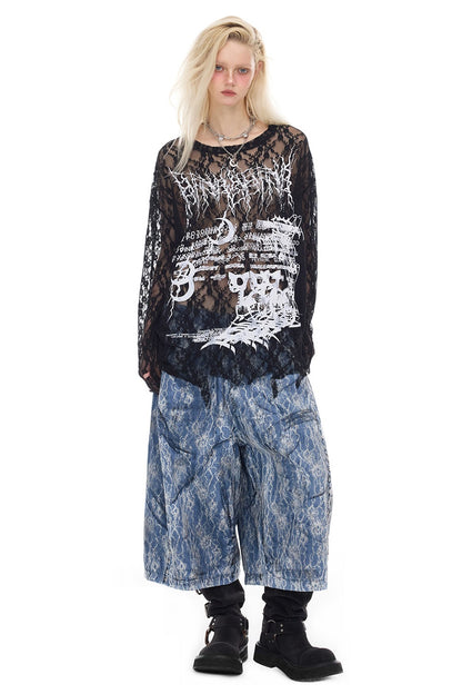 Loose Ripped Lace Cat Print Tee