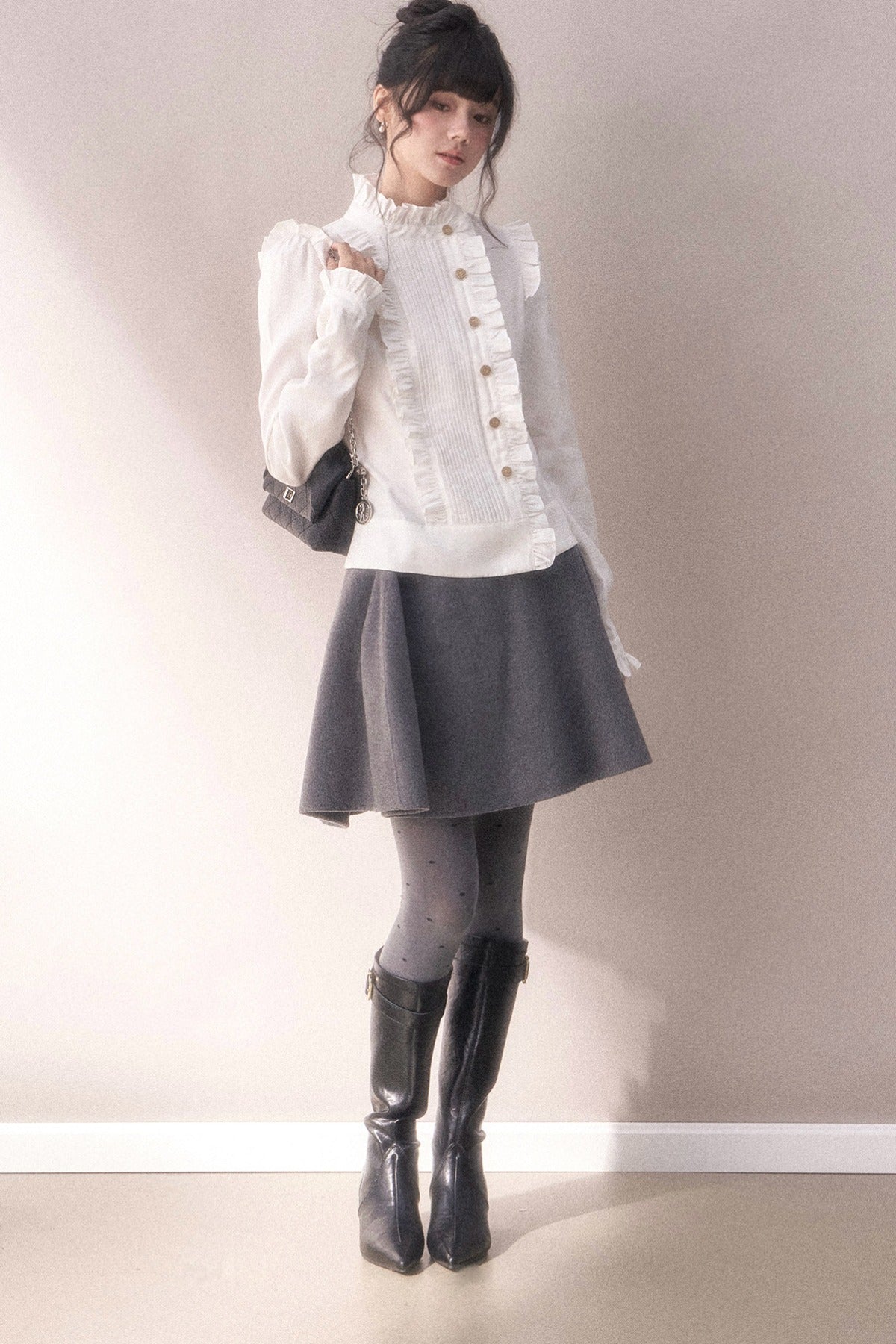 Pleated Lace Ruffle Asymmetrical Long-Sleeved Shirt